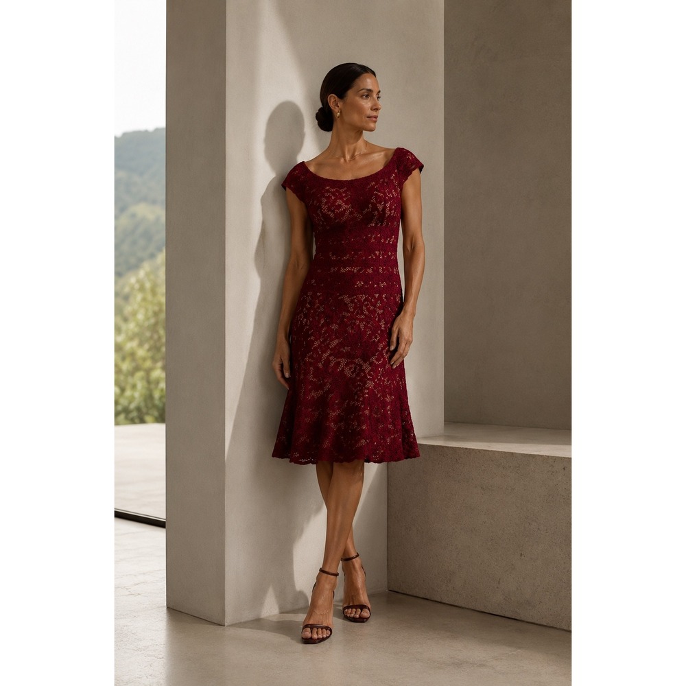 Tadashi Shoji Midi Dress Women 2‎ Lace Cocktail Wedding Guest Party Flounce